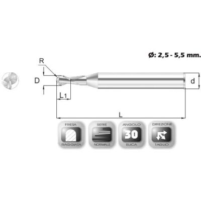 3 x 10 mm, Keményfém rádiuszmaró, 64R, 40 mm teljes hossz, 3 mm szár átmérő, és 1,5 mm sarokrádiusz